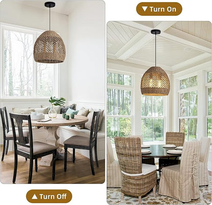 2-Light Rattan Pendant Light, 13.78" Handwoven Boho Pendant Light, Rattan Wicker Hanging Ceiling Lighting Chandelier for Kitchen Island Restaurant Bedroom Living Room