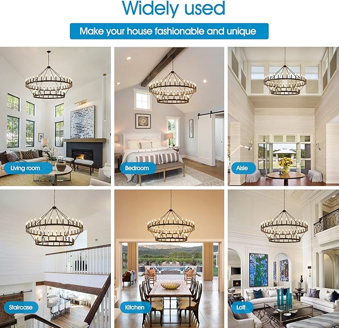 HHR Wagon Wheel Chandelier 2 Tier 54-Light, 60 Inch Large Farmhouse Chandelier, Round Rustic Pendant Light Fixture for High Ceilings Foyer Dining Room E12