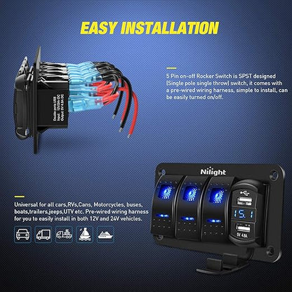 Nilight 3 Gang Rocker Switch Panel with 4.8 Amp Dual USB Charger Voltmeter Waterproof 12V 24V DC Rocker Switch with Night Glow Stickers for Cars Trucks Boats RVs, 2 Years Warranty,Blue