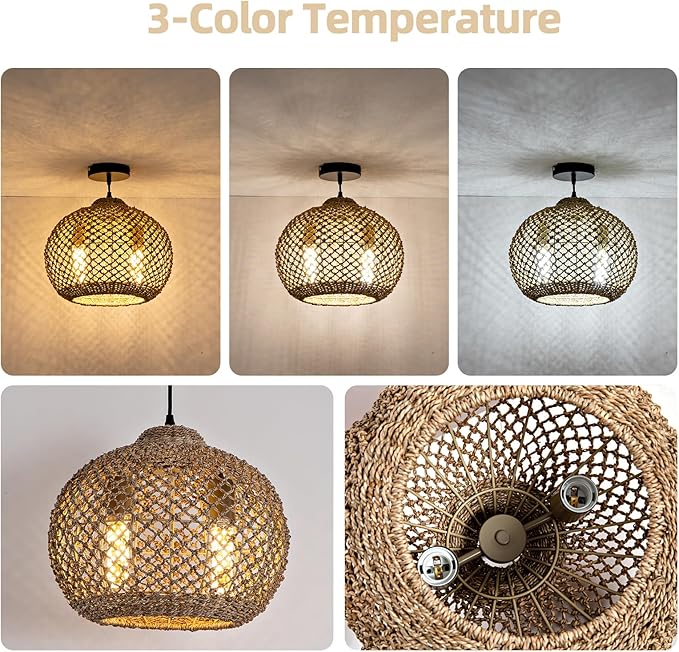 2-Light Rattan Pendant Light, Farmhouse Rattan Chandelier Boho Hand Woven Wicker Hanging Light Fixture for Kitchen Island Living Room Bedroom Dining Room Foyer