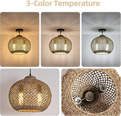 2-Light Rattan Pendant Light, Farmhouse Rattan Chandelier Boho Hand Woven Wicker Hanging Light Fixture for Kitchen Island Living Room Bedroom Dining Room Foyer