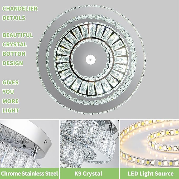 HOPGGIE 18 Inch Crystal Chandelier with Remote Control 2 Tier Flush Mount Ceiling Light Fixture LED Chandelier Light for Living Room Bedroom Dining Room Closet (dimmable)