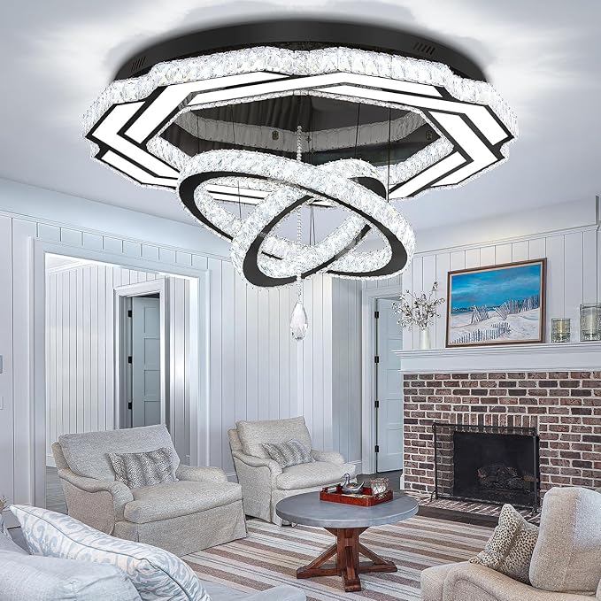 Flashing God Large Chandelier Dia 40" Black Crystal Chandelier Flush Mount Ceiling Light for Bedroom Living Room Dining Room Hallway Dimmable 3 Rings LED Celing Lighting Fixtures