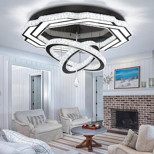 Flashing God Large Chandelier Dia 40" Black Crystal Chandelier Flush Mount Ceiling Light for Bedroom Living Room Dining Room Hallway Dimmable 3 Rings LED Celing Lighting Fixtures