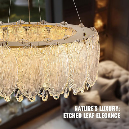 Drum Chandelier for Dining Room,24-ihch Modern Gold Drum Glass Chandeliers,Luxury Crystal Glass Pendant Ceiling Lighti for Foyer Living Room Bedroom