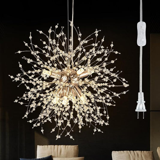 SineRise Modern Crystal Chandeliers Firework, Crystal Light Fixture, Dandelion Chandelier (8-Light, Gold) for Foyer Hallway Entryway Kitchen Bedroom with Plug in