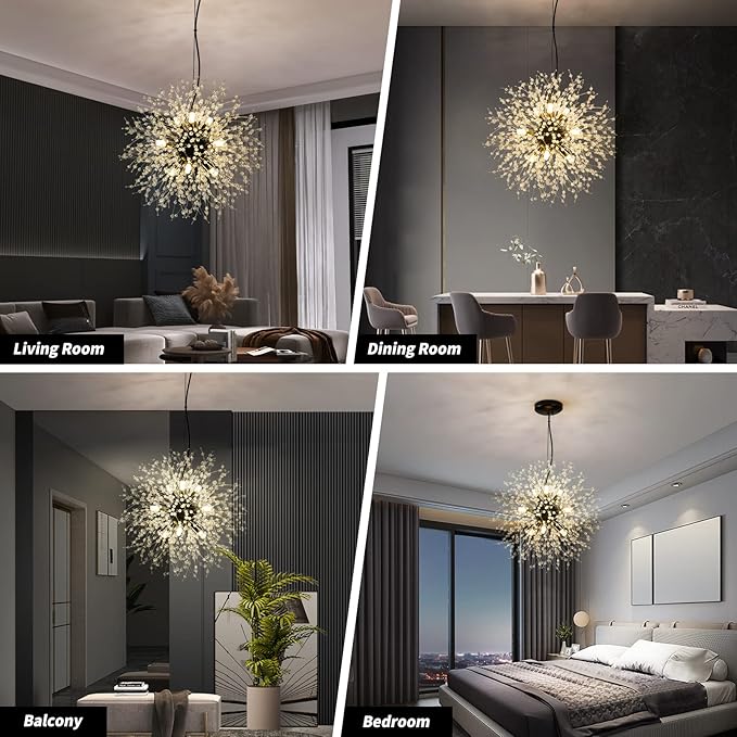 CM MZY Modern Crystal Chandeliers Firework, 9-Light Black Dandelion Sputnik Ceiling Light Fixtures, Sputnik Chandelier Pendant Light for Bedroom Living Room Dining Room Kitchen Island Hallway