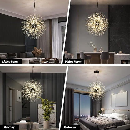 CM MZY Modern Crystal Chandeliers Firework, 9-Light Black Dandelion Sputnik Ceiling Light Fixtures, Sputnik Chandelier Pendant Light for Bedroom Living Room Dining Room Kitchen Island Hallway