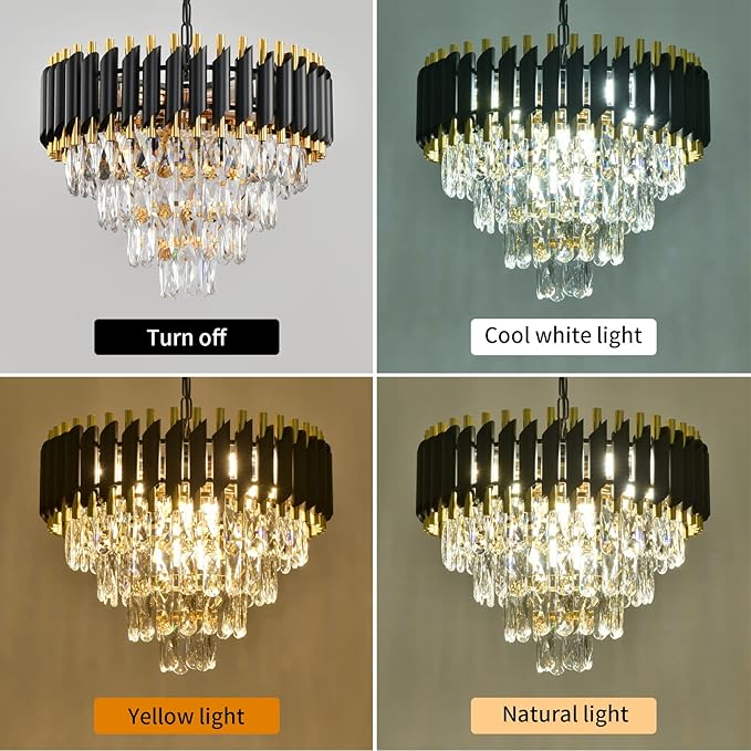 Gold Modern Crystal Chandeliers 4-Tier K9 Round Black and Gold Crystal Chandelier Light Fixture 7 Lights Hanging Pendant Ceiling Light Fixture for Dining Room Living Room Bedroom Entryway Foyer W20in