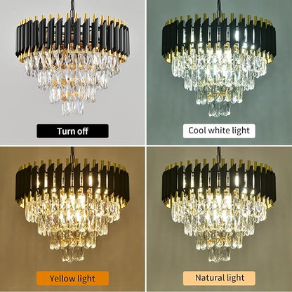 Gold Modern Crystal Chandeliers 4-Tier K9 Round Black and Gold Crystal Chandelier Light Fixture 7 Lights Hanging Pendant Ceiling Light Fixture for Dining Room Living Room Bedroom Entryway Foyer W20in