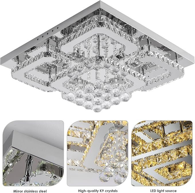 24 inch Flush Mount Chandelier Crystal Ceiling Light with Remote Control/APP,3CCT Dimmable&Brightness Adjustable, Modern Crystal Raindrop Silver Chandeliers for Bedroom Hallway Dinning Room LivingRoom