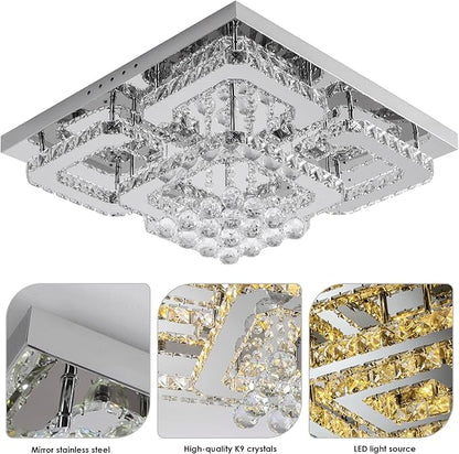24 inch Flush Mount Chandelier Crystal Ceiling Light with Remote Control/APP,3CCT Dimmable&Brightness Adjustable, Modern Crystal Raindrop Silver Chandeliers for Bedroom Hallway Dinning Room LivingRoom