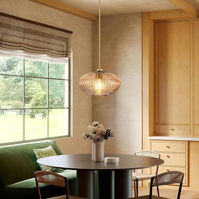 10" Amber Glass Modern Pendant Light Kitchen Island 2 Pack Brushed Gold Mid Century Modern Pendant Lighting with Clear Amber Glass Hanging Pendant Light for Dining Room（Bulb Incl.）