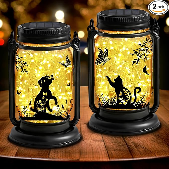 2 Pack Outdoor Hanging Solar Lantern, Cat & Dog Butterfly Vintage Glass Mason Jar, Birthday Mothers Day Gifts for Mom, Grandma, Women, Waterproof Garden Lights for Patio Yard Lawn Tree Decor