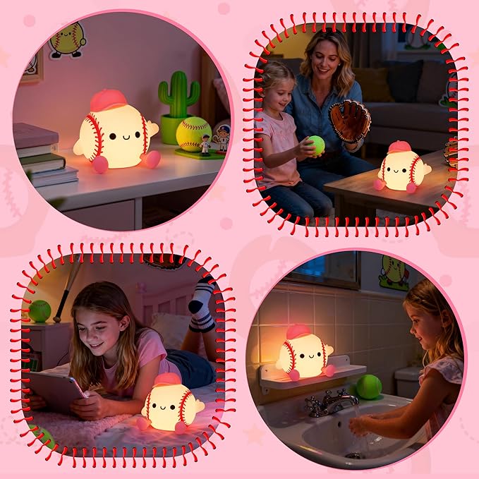 OkiyiD Softball Night Light, Cute Softball Gifts for Girls, Dimmable Rechargeable Silicone Touch Bedside Lamp for Girls Daughter Room Dorm Softball Fan Sporty Decor