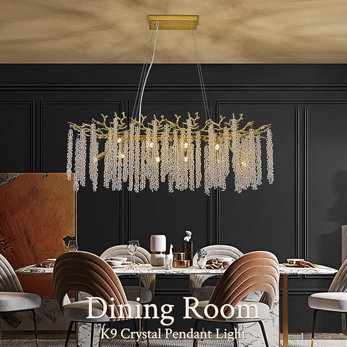 Benkut Modern Tree Branch Crystal Chandelier Luxury Gold Raindrop Pendant Lighting 38" Contemporary 10-Light Chandeliers for Dining Room Kitchen Bedroom Living Room