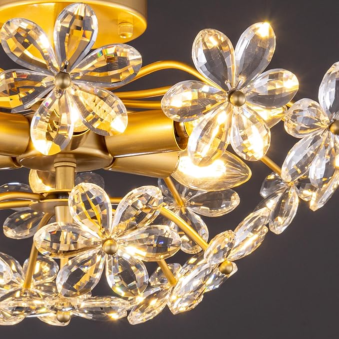 TOCHIC Flush Mount Ceiling Light Fixture, Crystal Chandelier Gold Semi Flush Mount Ceiling Light 18" Contemporary 6-Light Chandeliers for Bedroom Living Room Entryway Bathroom