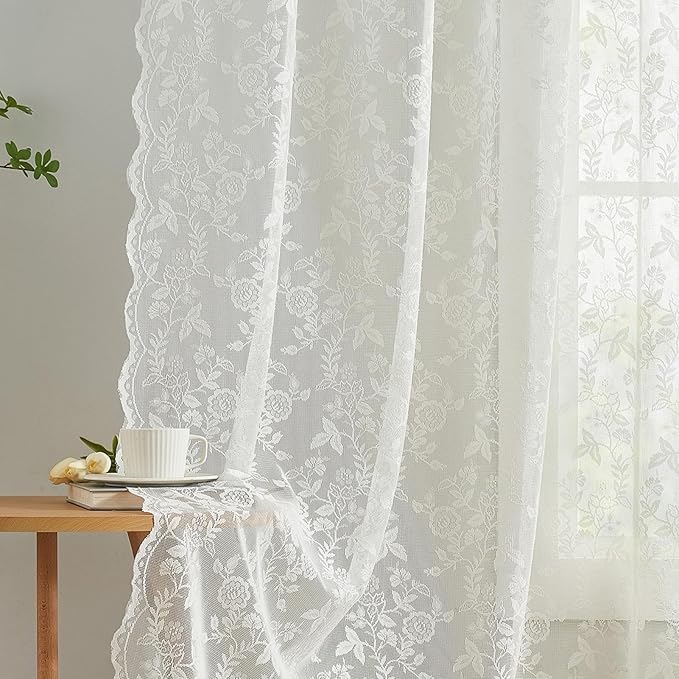 102 Inch Lace Curtains Set of 2 Panels, Country Rustic Leaf Floral Knitted Vintage Sheer Lace Curtains 102 Inches Long for Bedroom Living Room Rod Pocket Privacy Antique Ivory Lacy Curtains, 52x102 In