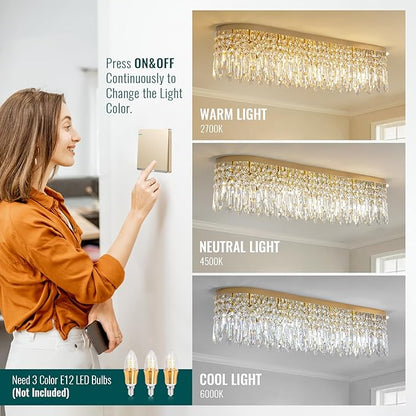 Siljoy 12-Light Modern Gold Crystal Raindrop Chandelier for Dining Room, Luxury Oval Flush Mount Crystal Pendant Ceiling Light Fixture for Living Room Kitchen Island Bar L47''xW11''xH10.6''