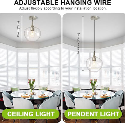 Glass Pendant Lights Kitchen Island, 9.45'' Brushed Nickel Pendant Lighting Fixtures, Modern Hanging Ceiling Light with Clear Glass Shade for Farmhouse Dining Room Bedroom Hallway(1 Pack)