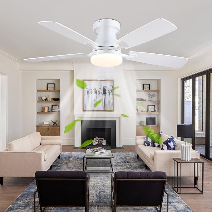 Ceiling Fans with Lights, 48 Inch Ceiling Fan with Light And Remote/APP,Low Profile Ceiling Fan with Light,DC Reversible,6 Speed Noiseless LED Ceiling Fan,White Small Ceiling Fan for Bedroom