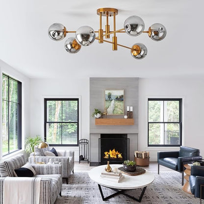 DDLLDESHI 6 Lights Gold Chandelier Globe Glass Cover Sputnik Ceiling Light Fixture,34" Large Dining Room Light Fixture Smoke Bubble Chandeliers for Living Room（Modern Chandelier Decor