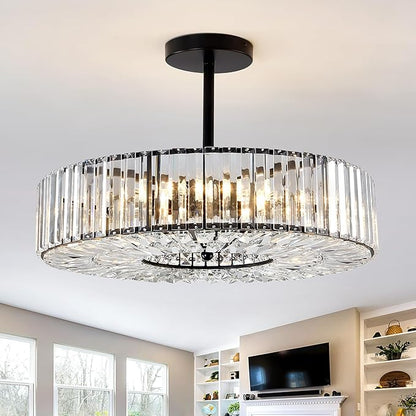 Piepooye 8 Lights Modern Large Crystal Chandelier Black Round Semi Flush Mount Ceiling Light Fixture Farmhouse Chandelier for Dinning Room Living Room Bedroom Hallway Entryway Kitchen