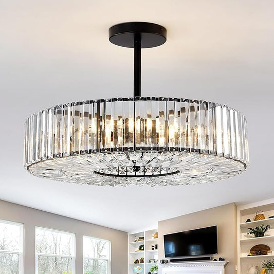 Piepooye 8 Lights Modern Large Crystal Chandelier Black Round Semi Flush Mount Ceiling Light Fixture Farmhouse Chandelier for Dinning Room Living Room Bedroom Hallway Entryway Kitchen