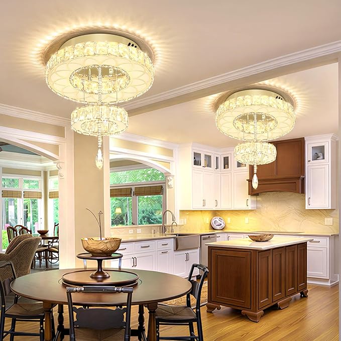 Flashing God Dia 16" Modern Crystal Chandeliers Flush Mount Chandelier Dimmable LED Light Crystal Ceiling Light for Hallway Bedroom Living Room Dining Room Gold