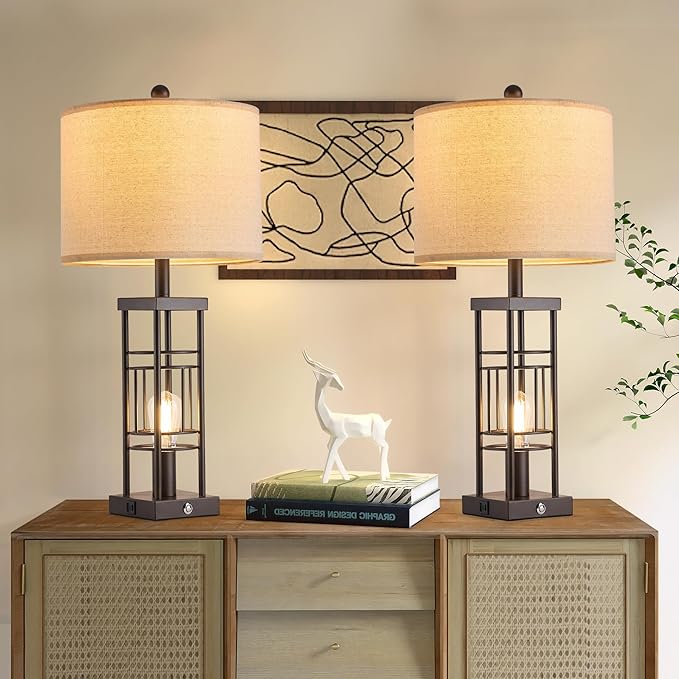Reaketon Table Lamp for Living Room Set of 2 with USB Charging Ports, 3-Way Dimmable 27.6" Farmhouse End Lamps for Bedroom, Industrial Nightstand Lamps,Bulbs Included(Oil-Rubbed Bronze)