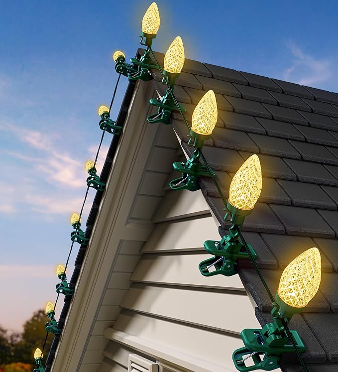 C9 68Ft Led Christmas String Lights 100 LED with Quick Clips Outdoor Waterproof Strawberry Lights, Commercial Grade Extendable for Indoor Outside Roofline Patio Home Xmas Decoration, Warm White