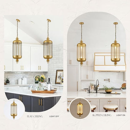 10'' Brushed Gold Pendant Lights Kitchen Island, 2-Light Modern Brass Ceiling Hanging Light Fxitures, Farmhouse Kitchen Pendant Lighting Over Island for Sink Dining Room Bathroom Bar-1 Pack