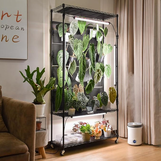 Bstrip Plant Cabinet with Pegboard, 3 Tier Plant Shelf with Grow Light, Metal Plant Stand with 4 Pack 96W Grow Lights for Indoor Plant, Foliage Plants, Seed Starting, 35.4"x13.8"x71"