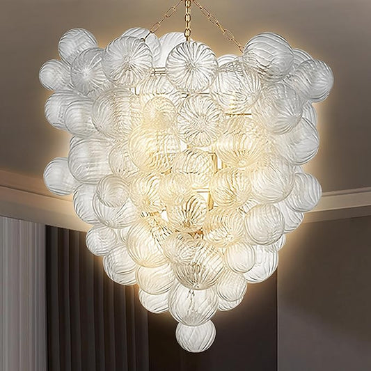 Extra Large Glass Bubble Chandelier 2-Tier 44" High Light Fixtures Mid-Century Swirled Clear Blown Glass Globe Chandeliers Pendant Lights for Stairway Living Room Entryway Foyer