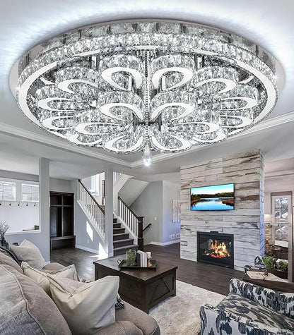40'' Modern Chandeliers for Living Room Crystal Large Chandelier Ceiling Light Fixture LED Dimmable with Remote Pendant Lighting Flush Mount Lighting for Dining Room Bedroom Silver