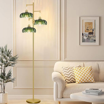 Dimmable Floor Lamps for Living Room Bedroom-3 Light Gold Floor Lamp with Glass Lampshape, Flower Tall Lamp Mid Century Modern Standing Lamp Glass Tree Floor Lamps for Living Room Bedroom,Corner