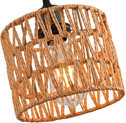 Woven Pendant Light Boho Chandelier, Rattan Pendant Lights Kitchen Island, Farmhouse Pendant Lighting with Hand Woven Wicker Shade, Boho Chandelier Light Fixtures Ceiling Hanging Light