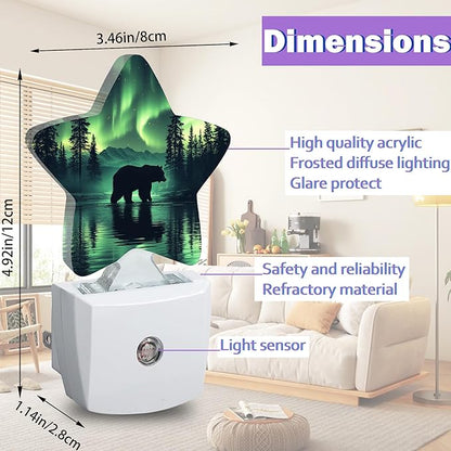 Forest Bear Night Lights Plug Into Wall Decorative,Green Polar Lights Sleep Friendly Lamp, Energy Efficient Dusk-to-Dawn Sensor Nightlights for Kid Bedroom Nursery Bathroom