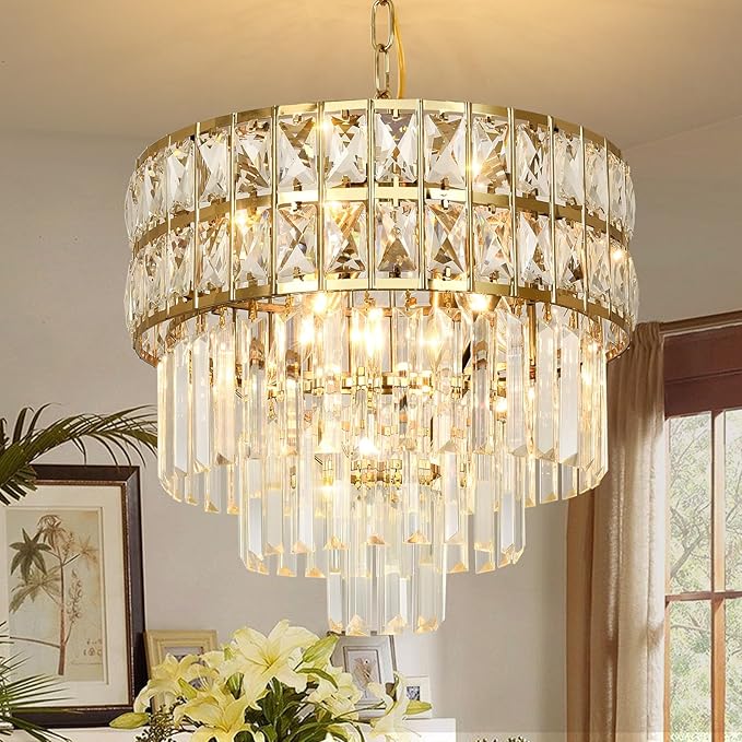Modern Crystal Chandelier Gold Pendant, Round Crystal Light Fixture Hanging Lamp, for Dining Room, Restaurant, Hallway, Balcony, Φ15.7 inch