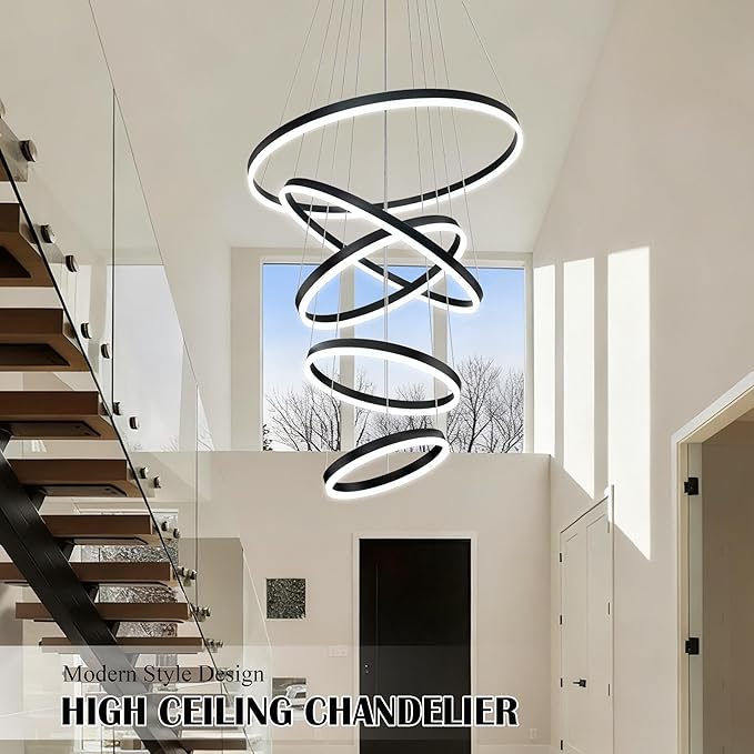 5 Rings Pendant Lights Modern Black Led Chandelier Black Modern Led Pendant Light Dimmable Height Adjustable Chandeliers for Dining Room Bedroom Entryway Living Room Foyer (3000K-6000K)