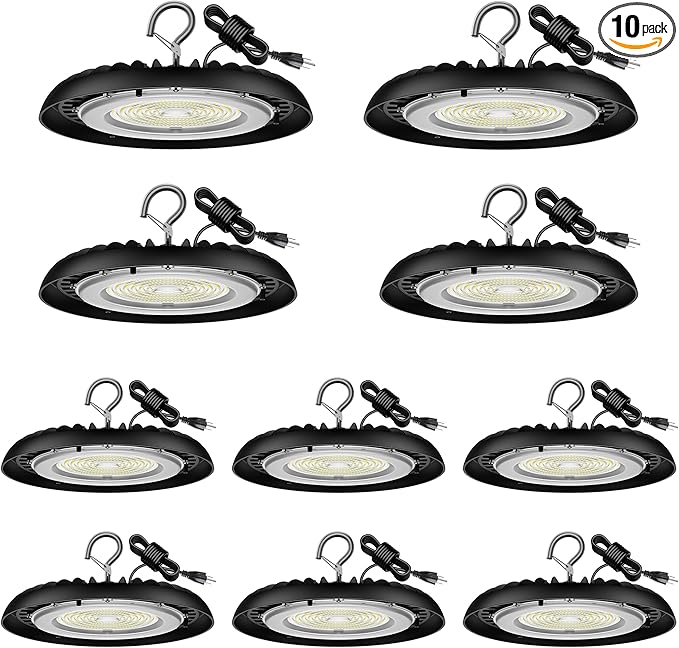 dephen 150W Plug in Ceiling Lights, 5000K LED Hanging Lamp, 16,500M High Bay with US Hook, AC120V Worklight for Garage Shop Basement Barn Warehouse, UL-Listed, 10 Pack