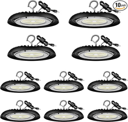 dephen 150W Plug in Ceiling Lights, 5000K LED Hanging Lamp, 16,500M High Bay with US Hook, AC120V Worklight for Garage Shop Basement Barn Warehouse, UL-Listed, 10 Pack