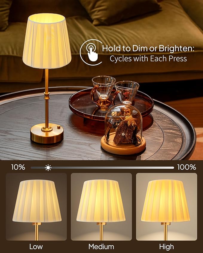 EppieBasic Cordless Table Lamp Rechargeable: Fast Charging & Long Lasting - 2700K Warm Light Small Vintage Gold Lamps -Bedside Dinning Living Room Bedroom - Pleated Shade