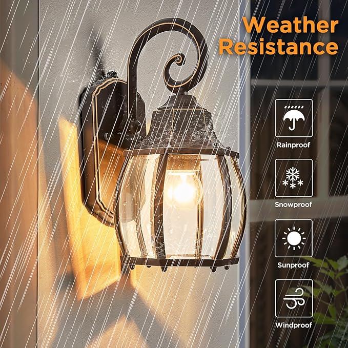 Dusk to Dawn Outdoor Wall Light in Oil Rubbed Bronze with Gold Rim 2-Pack Wall Lamp Outside Sensor Exterior Light Fixtures Wall Mount Porch Light E26 Exterior Wall Sconces for House Garden