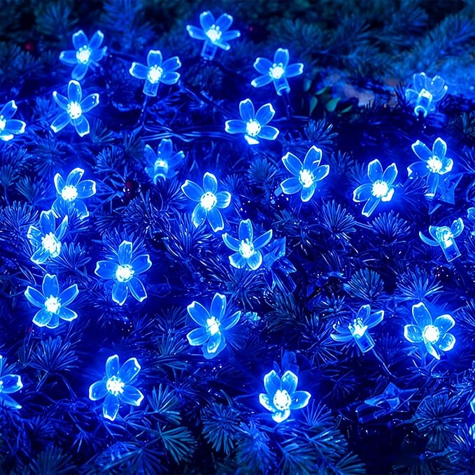 Blue Flower String Lights Indoor Outdoor Decorations, 33ft Connectable Clear Wire 100 LED Cherry Blossom Fairy Light with 8Mode & Memory for Christmas Easter Birthday Wedding Party Bedroom Décor