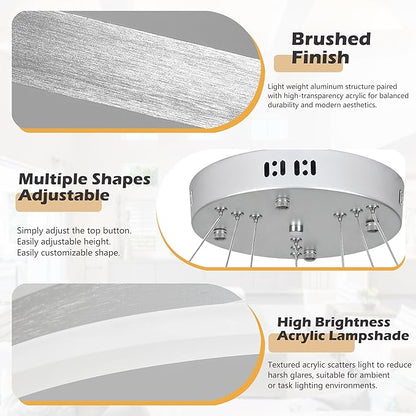 31.5" Nickel Modern Led Chandelier 3 Ring Modern Led Pendant Light Contemporary Ring Chandeliers Dimmable Chandeliers Color Temperature Adjustable Height Hanging Chandelier for Entryway