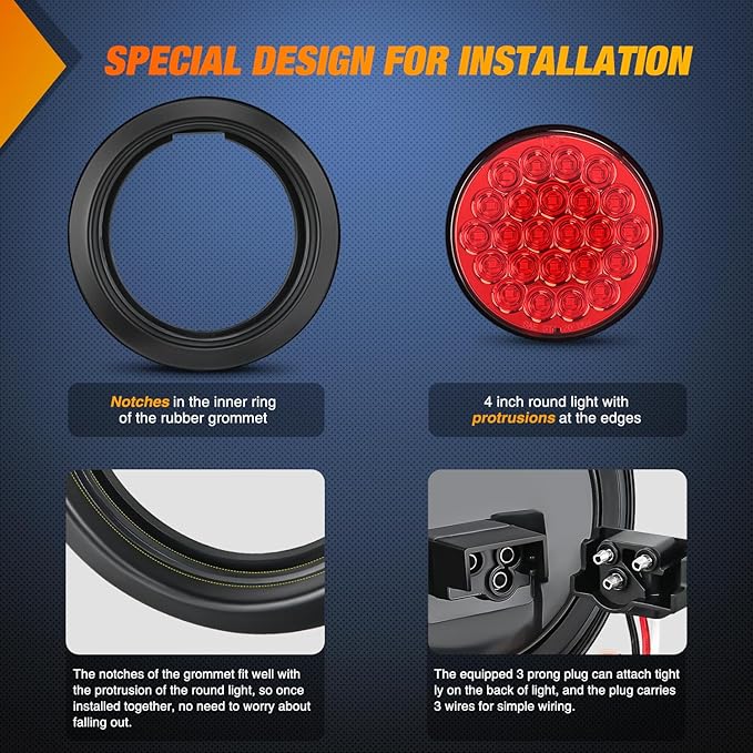 Nilight 4Inch Round Trailer Tail Light 2PCS 24LED Red Stop Brake Turn Marker Lights w/Flush Mount Grommets Plugs IP67 Waterproof for 12V Truck Bus RV Camper ATV UTV
