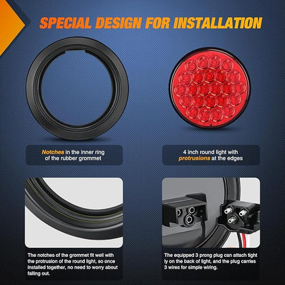 Nilight 4Inch Round Trailer Tail Light 2PCS 24LED Red Stop Brake Turn Marker Lights w/Flush Mount Grommets Plugs IP67 Waterproof for 12V Truck Bus RV Camper ATV UTV
