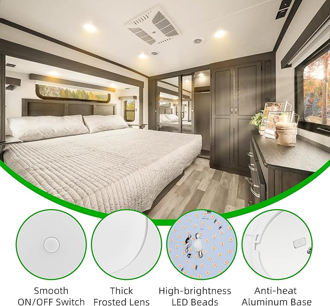 RV Light Interior 12V, 5Inch RV Ceiling Dome Light, LED Puck Lighting with ON/Off Switch, 700LM Camper Lighting Fixture for Boat Camper Trailer Car (Warm White 2Pack)