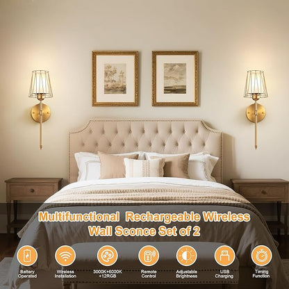 VbiTmn Wall Sconces Set of Two, Gold Wall Sconces Battery Operated, Rechargeable Wireless Wall Lights with Remote, 15 Colors Dimmable 3000K-6000K, Brass Wall Lamps for Bedroom Living Room